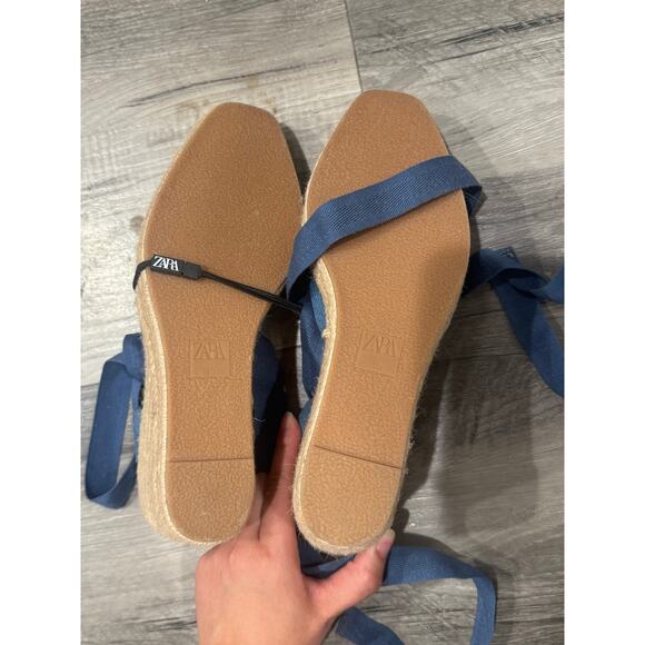 NWT ZARA Blue Denim Espadrille Ankle Tie Wedges Size 40 US Size 9 - Picture 3 of 7